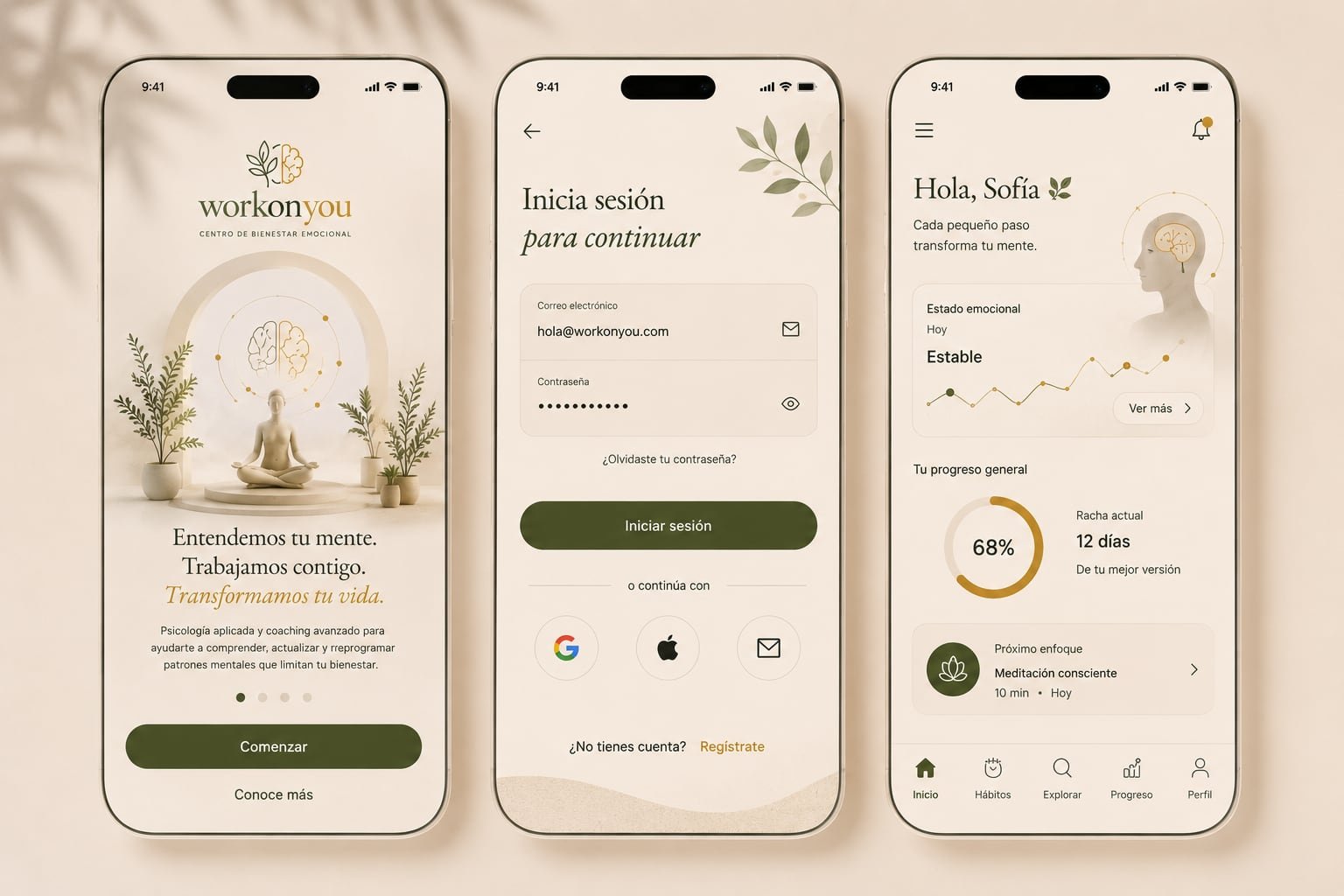 Tres pantallas de la app de WorkOnYou: la bienvenida, el inicio de sesión y el inicio con el estado emocional y el progreso