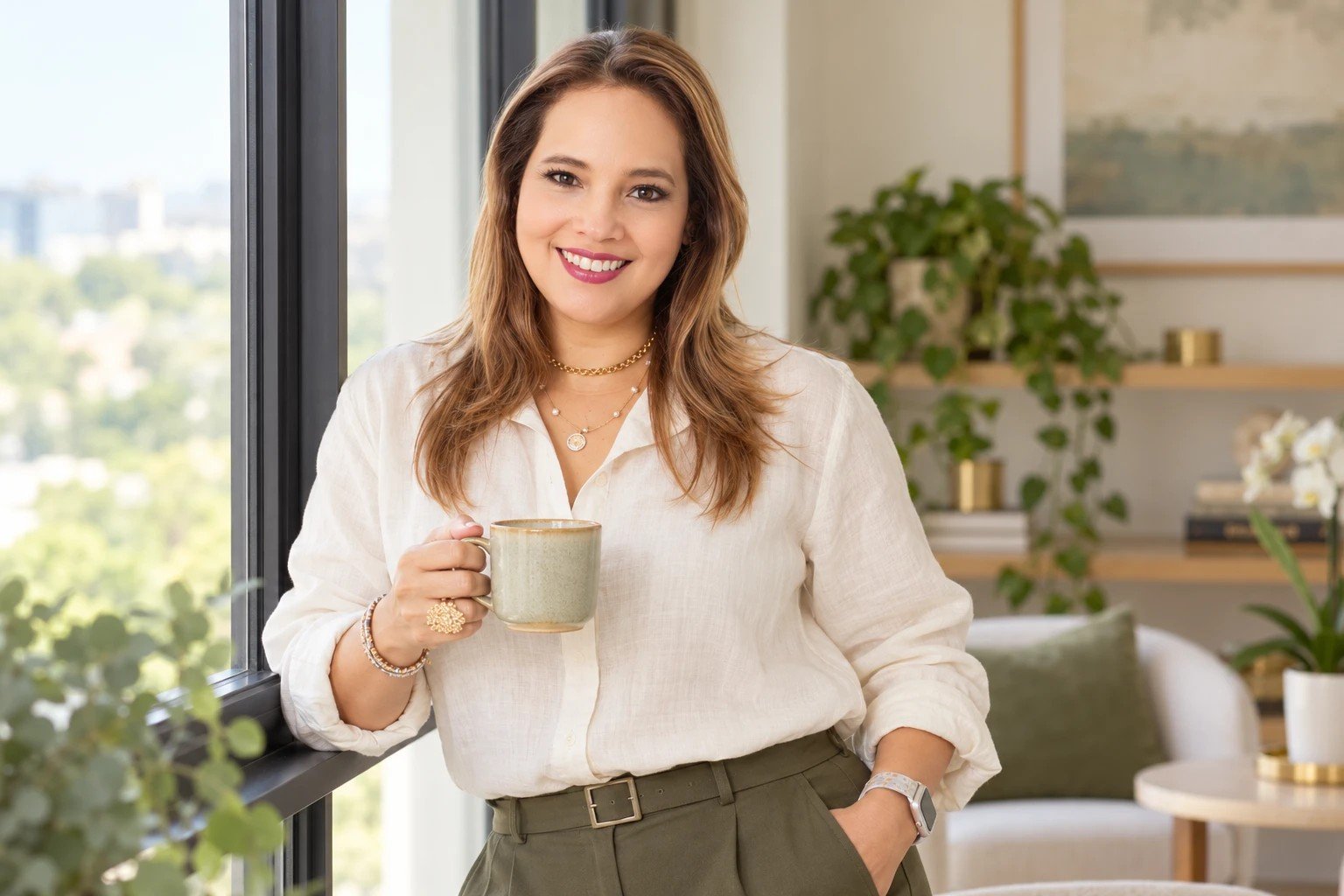 La Psic. Sandra Martí, sonriendo con una taza en la mano, junto a un ventanal de su consultorio